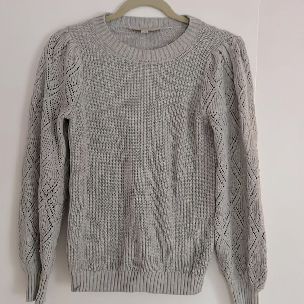 LOFT Light Gray Openwork Sleeve Crewneck Sweater